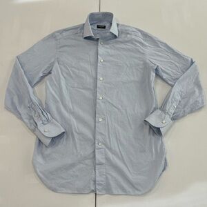 Zegna Trofeo Dress Shirt Striped Checked Button Up Cotton Blue Men’s 15 38